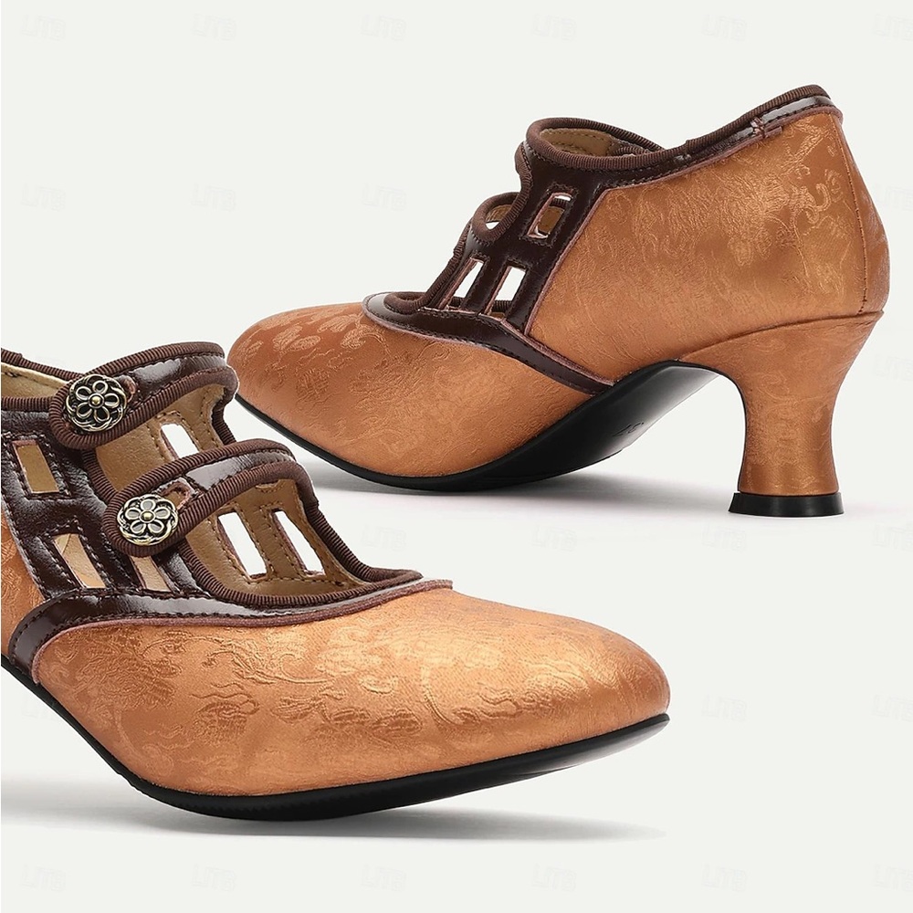 Vintage Bronze Heels with Cutout Design, Double Mary Jane Straps